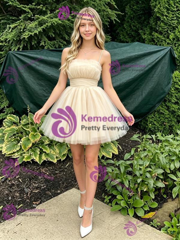 Champagne Tulle Spaghetti Straps Pleats Homecoming Dress