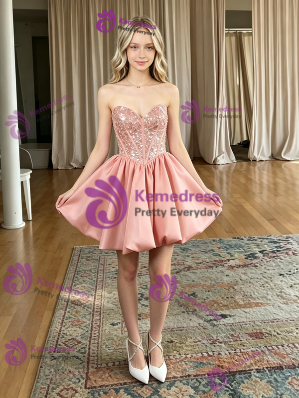 Pink Satin Sequins Strapless Homecoming Dress