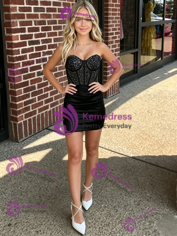 Black Strapless Pleats Homecoming Dress