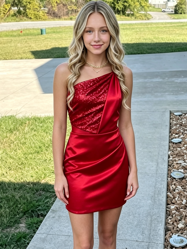 Red Satin Seuqins One Shoulder Homecoming Dress