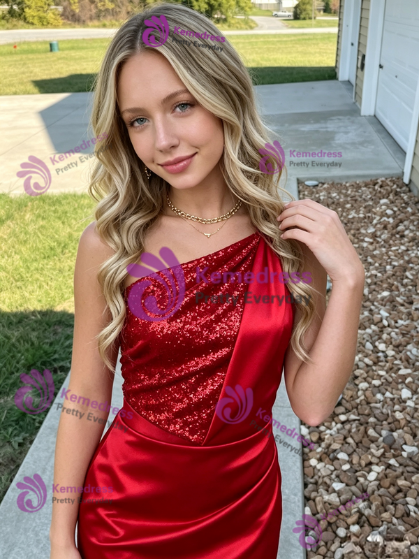 Red Satin Seuqins One Shoulder Homecoming Dress