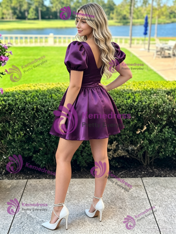 Purple Satin V-neck Puff Sleeve Homecoming Dress