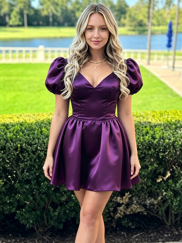 Purple Satin V-neck Puff Sleeve Homecoming Dress