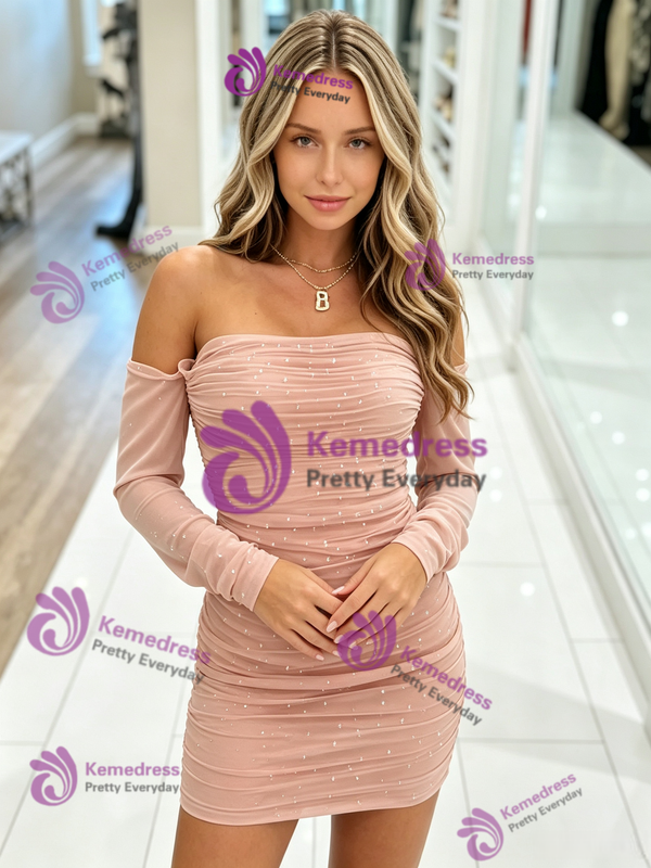 Pink Long Sleeve Pleats Homecoming Dress