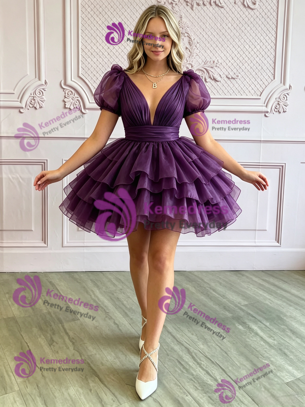 Purple Tulle V-neck Puff Sleeve Homecoming Dress
