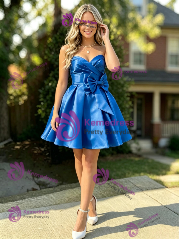 Royal Blue Satin Strapless Bow Homecoming Dress