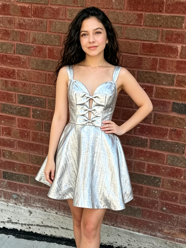 Silver Straps Bow Homecoming Dress