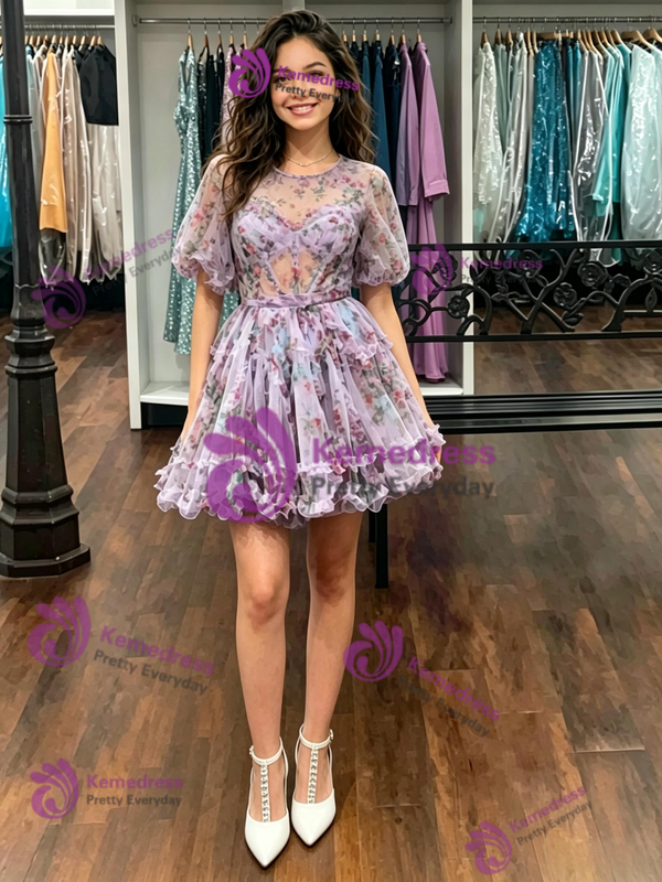 Purple Tulle Short Sleeve Print Homecoming Dress