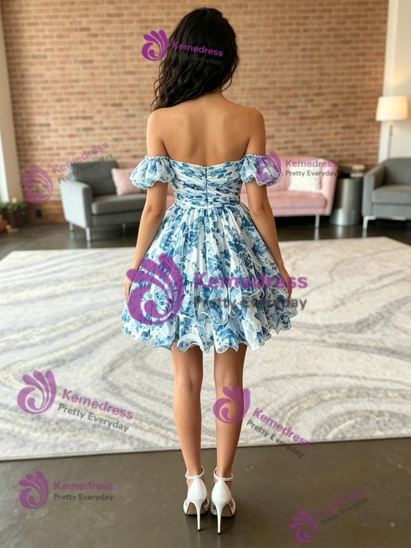 White Off the Shoulder Print Homecoming Dress