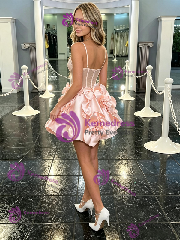 Pink Satin Spaghetti Straps Flower Homecoming Dress
