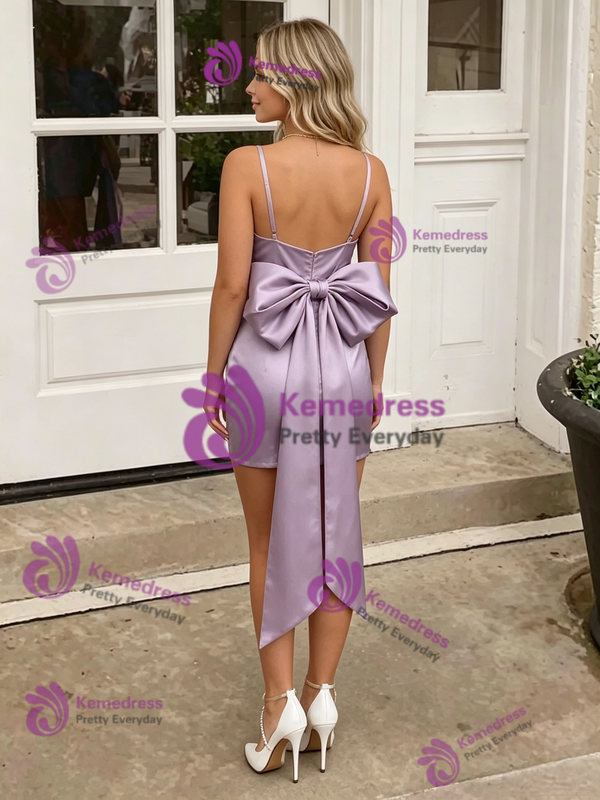 Purple Spaghetti Straps Bow Homecoming Dress