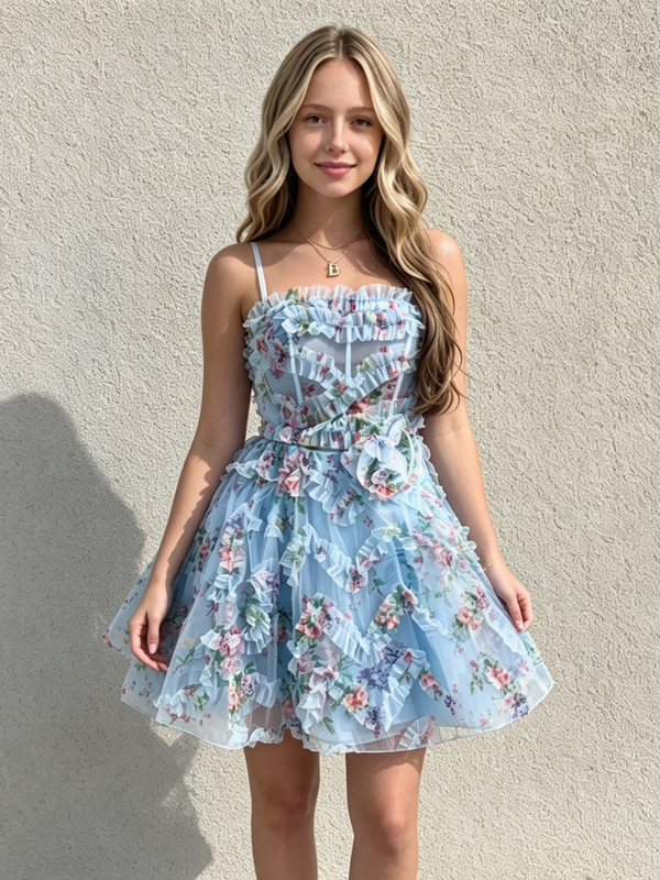 Blue Tule Spaghetti Sraps Print Homecoming Dress