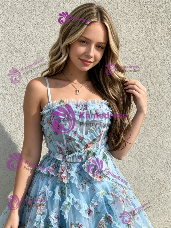 Blue Tule Spaghetti Sraps Print Homecoming Dress