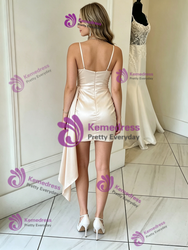 Champagne Satin Straps Pleats Homecoming Dress
