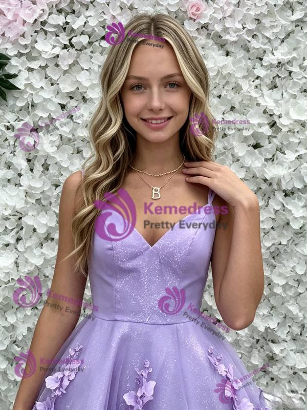 Purple Tulle Spaghetti Straps Flower Homecoming Dress