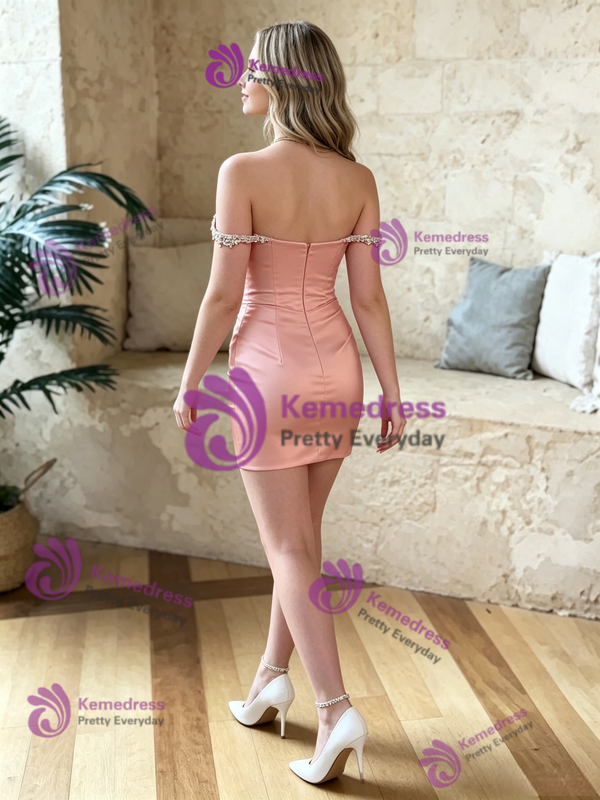 Pink Satin Off the Shoulder Beading Homecoming Dress