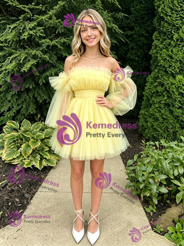 Yellow Tulle Off the Shoulder Homecoming Dress