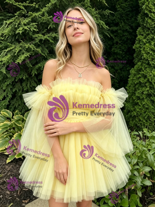 Yellow Tulle Off the Shoulder Homecoming Dress