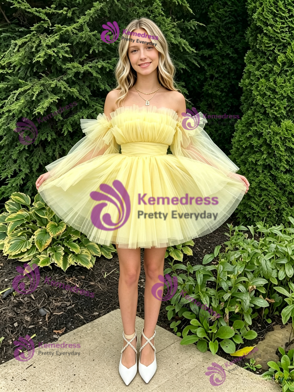 Yellow Tulle Off the Shoulder Homecoming Dress