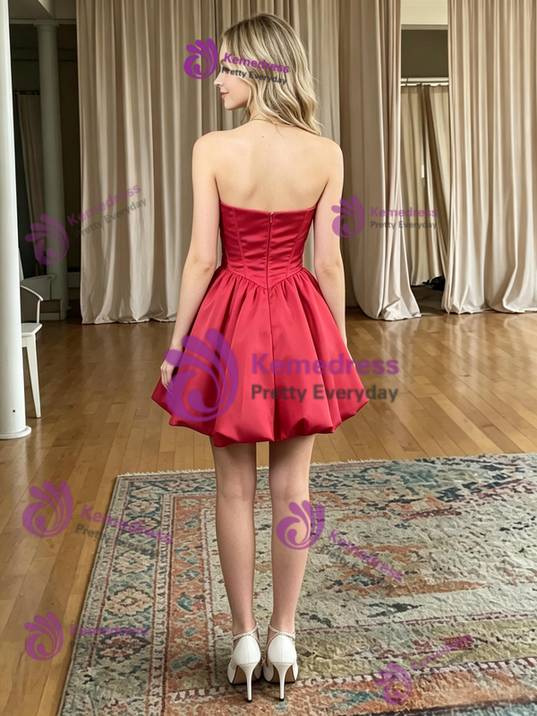 Red Satin Strapless Homecoming Dress