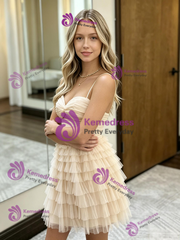 Champagne Tulle Spaghetti Straps Tiers Homecoming Dress