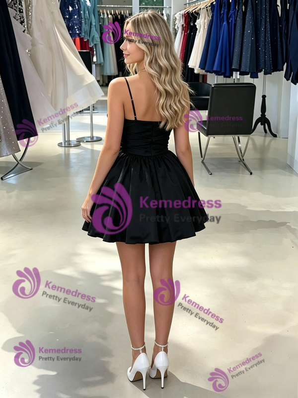 Black Satin Spaghetti Straps Mini Homecoming Dress