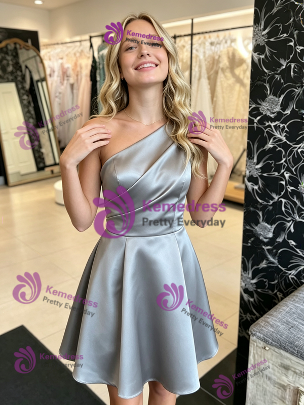 Gray Satin One Shoulder Pleats Homecoming Dress