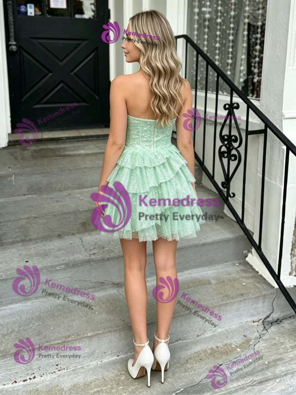 Green Tulle Sequins Tiers Homecoming Dress