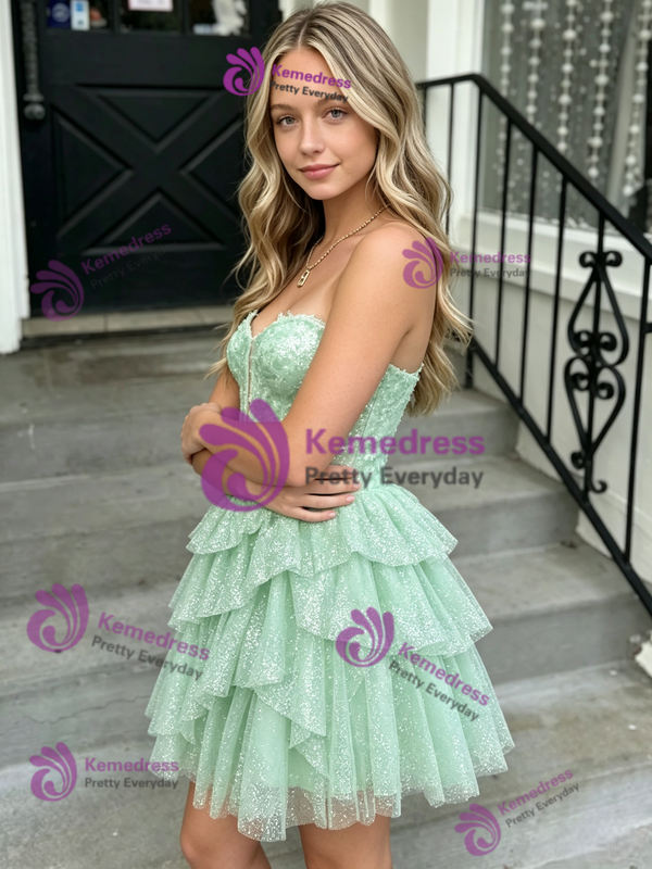 Green Tulle Sequins Tiers Homecoming Dress
