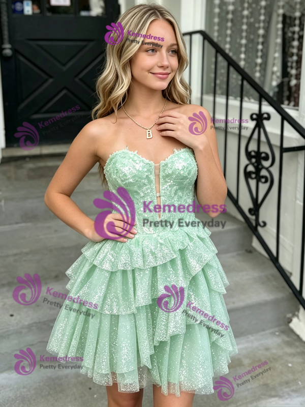 Green Tulle Sequins Tiers Homecoming Dress