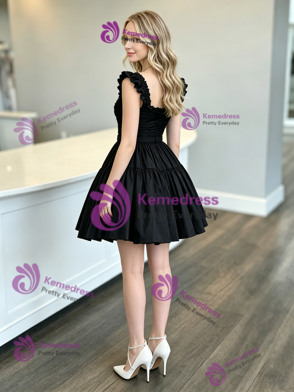 Black Straps Pleats Homecoming Dress