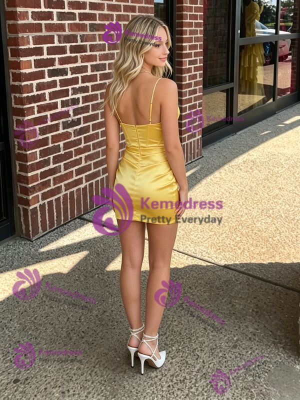 Yellow Satin Spaghetti Straps Pleats Homecoming Dress