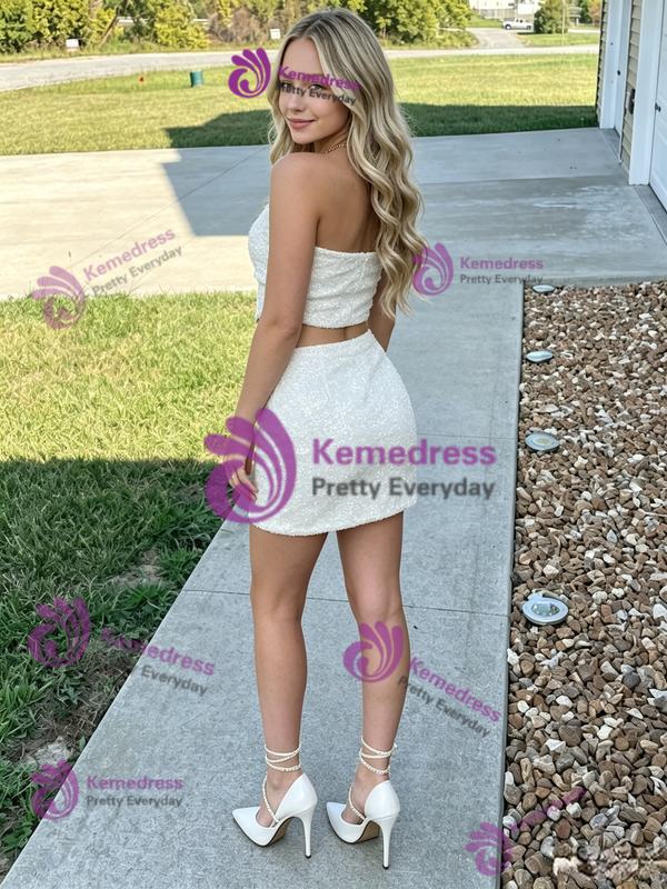 Beige White Two Piece Sequins Homecoming Dress