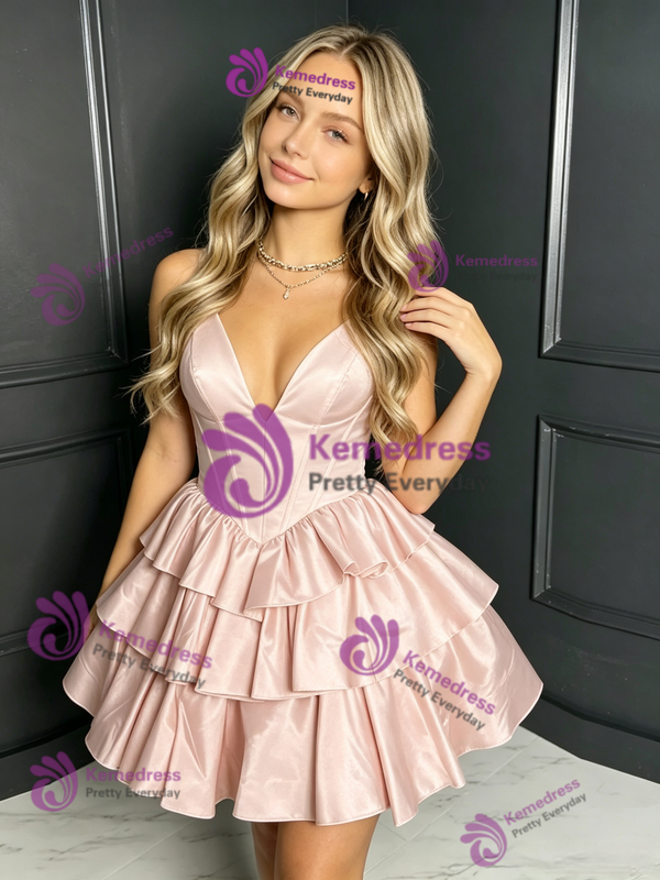 Pink Satin Tiers Straps Homecoming Dress