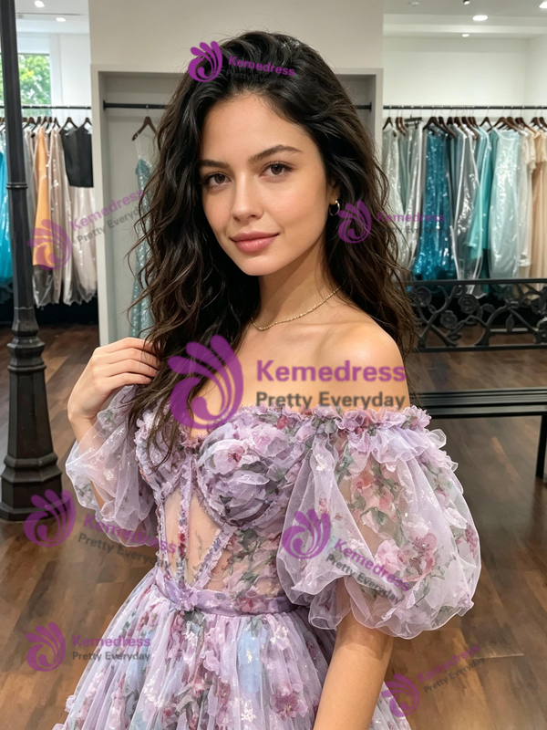 Purple Tulle Puff Sleeve Print Homecoming Dress
