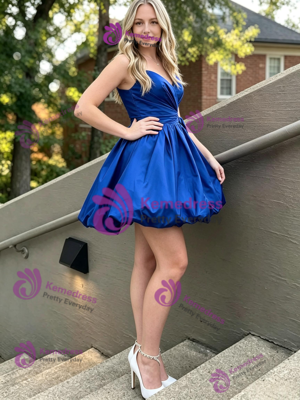 Royal Blue Satin Strapless Pleats Homecoming Dress