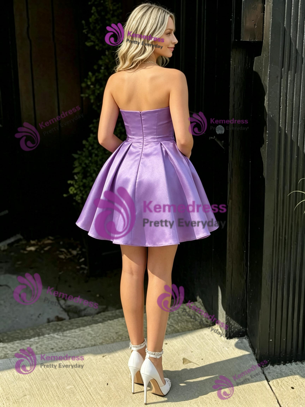 Purple Satin Strapless Pleats Homecoming Dress