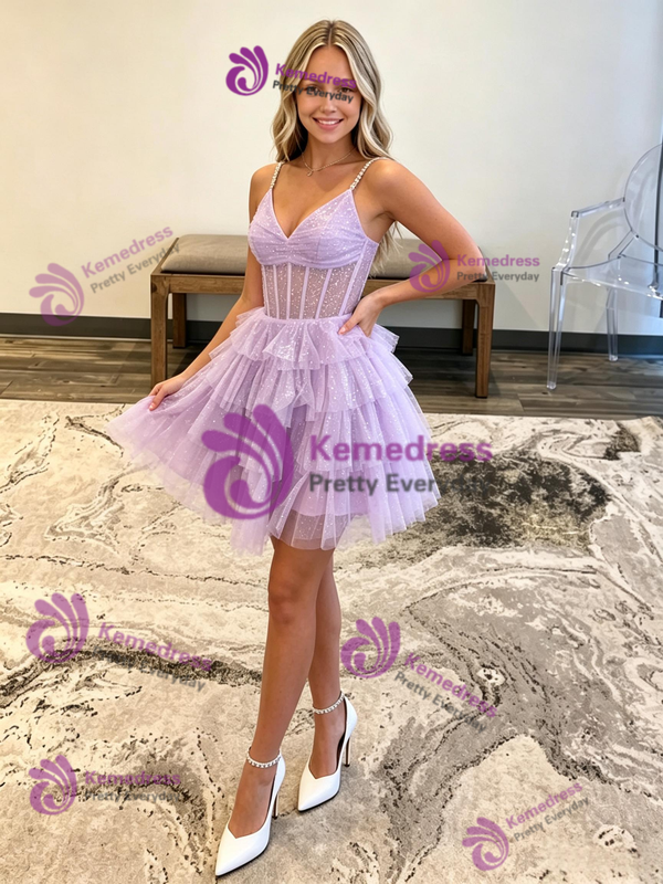 Purple Tulle Spaghetti Straps Tiers Homecoming Dress