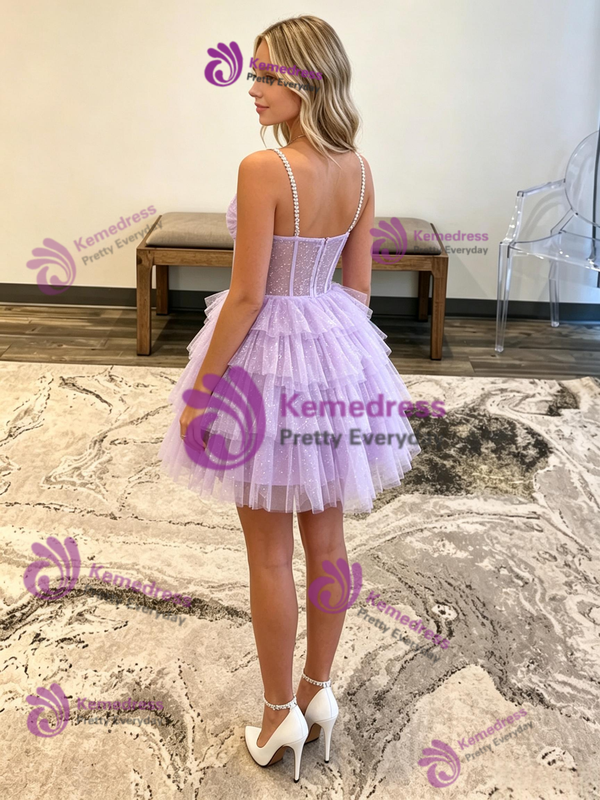 Purple Tulle Spaghetti Straps Tiers Homecoming Dress