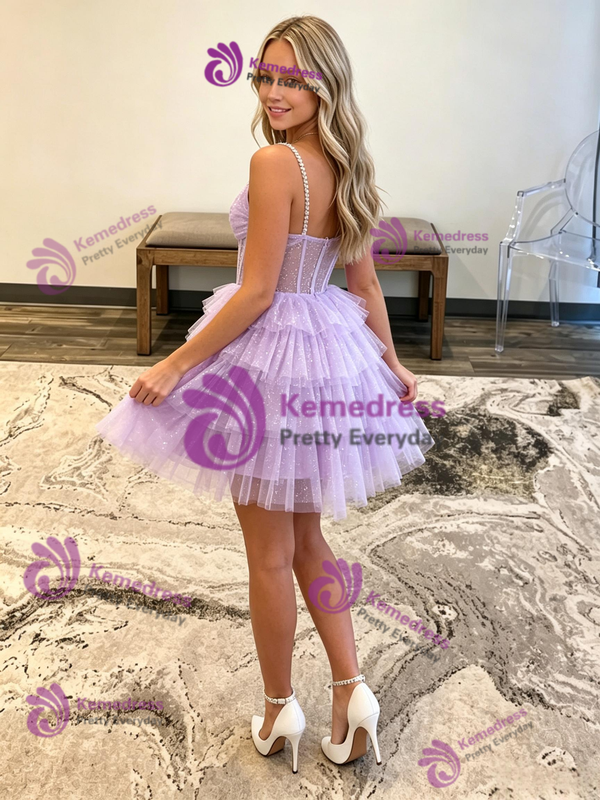 Purple Tulle Spaghetti Straps Tiers Homecoming Dress