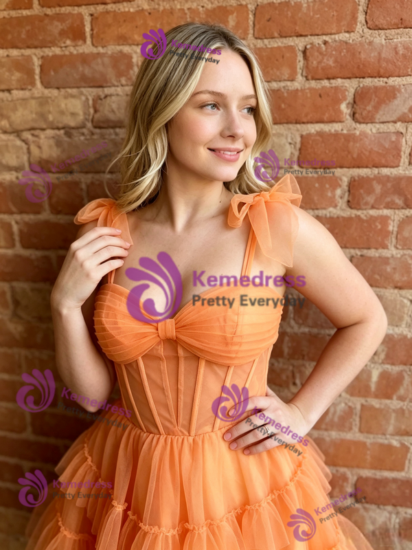 Orange Tulle Straps Homecoming Dress