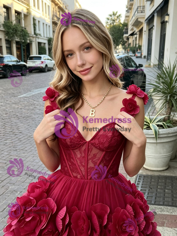 Burgundy Tulle Straps Flower Homecoming Dress