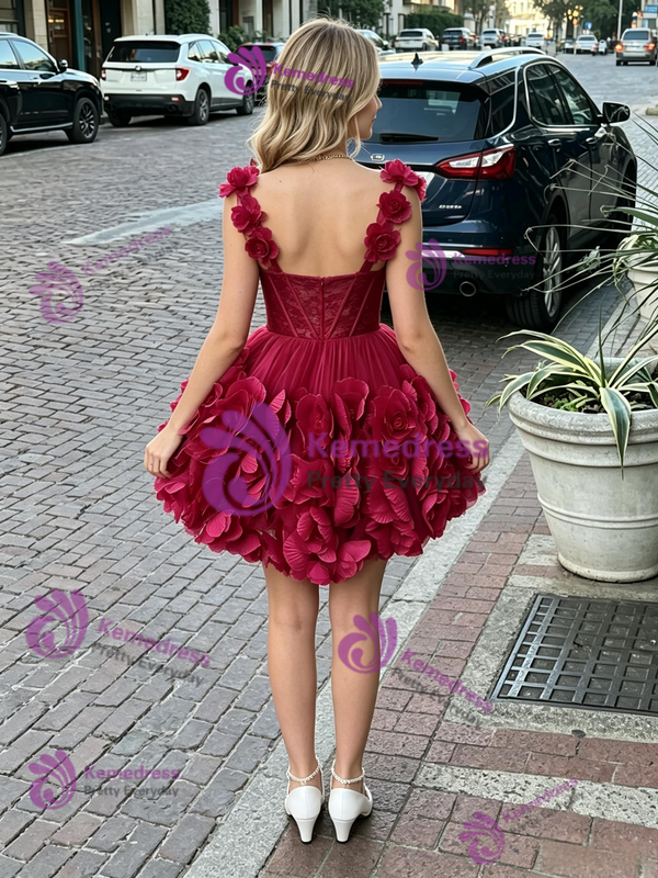 Burgundy Tulle Straps Flower Homecoming Dress