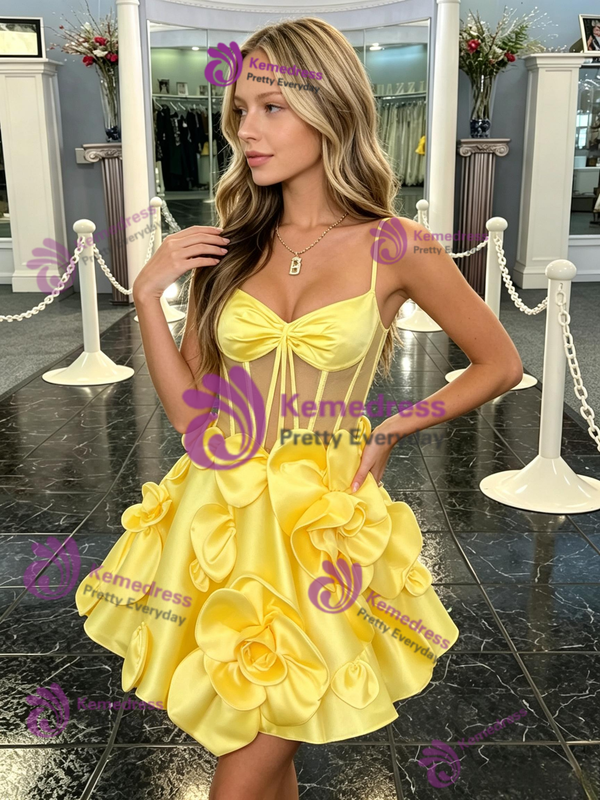 Yellow Satin Straps Flower Homecoming Dress
