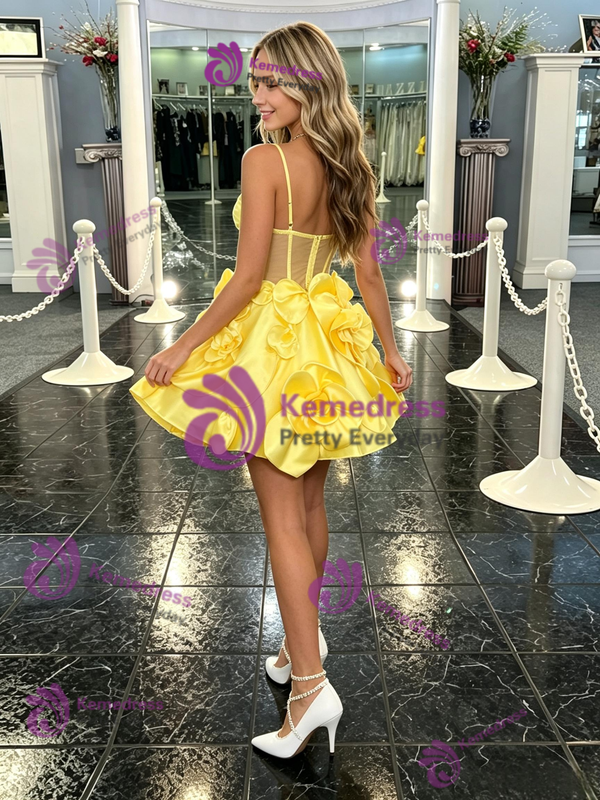 Yellow Satin Straps Flower Homecoming Dress
