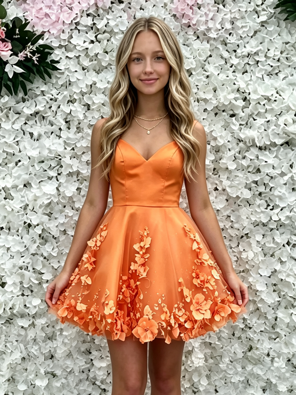 Orange Tulle Straps Flower Homecoming Dress