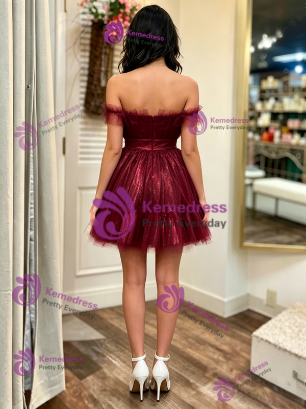 Burgundy Tulle Strapless Pleats Homecoming Dress