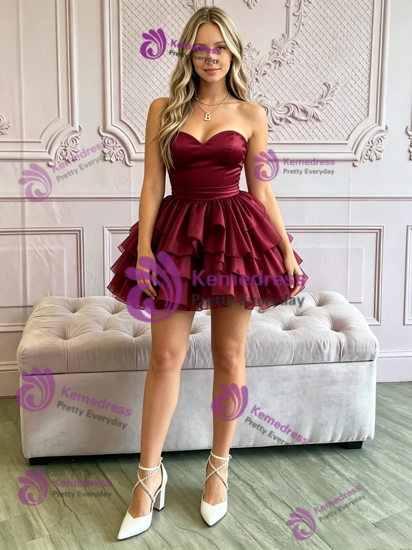 Burgundy Tulle Strapless Tiers Homecoming Dress