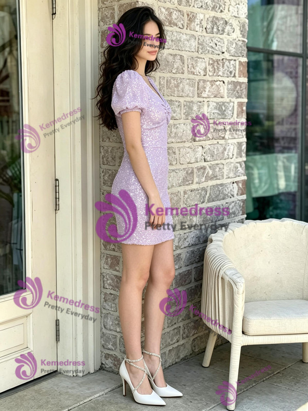 Purple V-neck Puff Sleeve Homecoming Dress