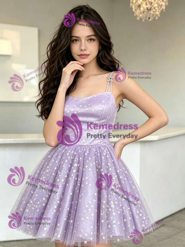 Purple Tulle Spaghetti Straps Homecoming Dress